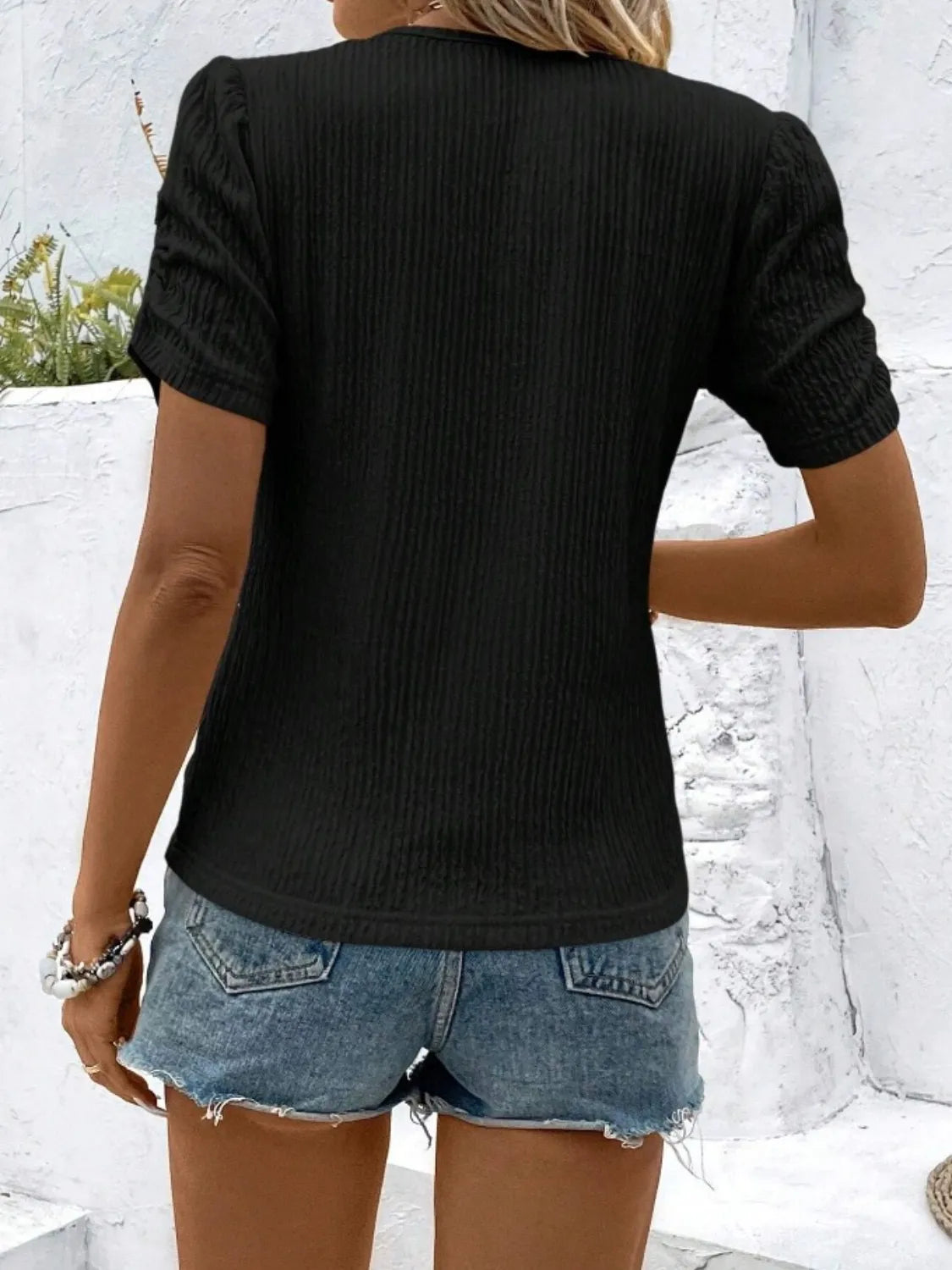 Ruched Round Neck Short Sleeve Top.