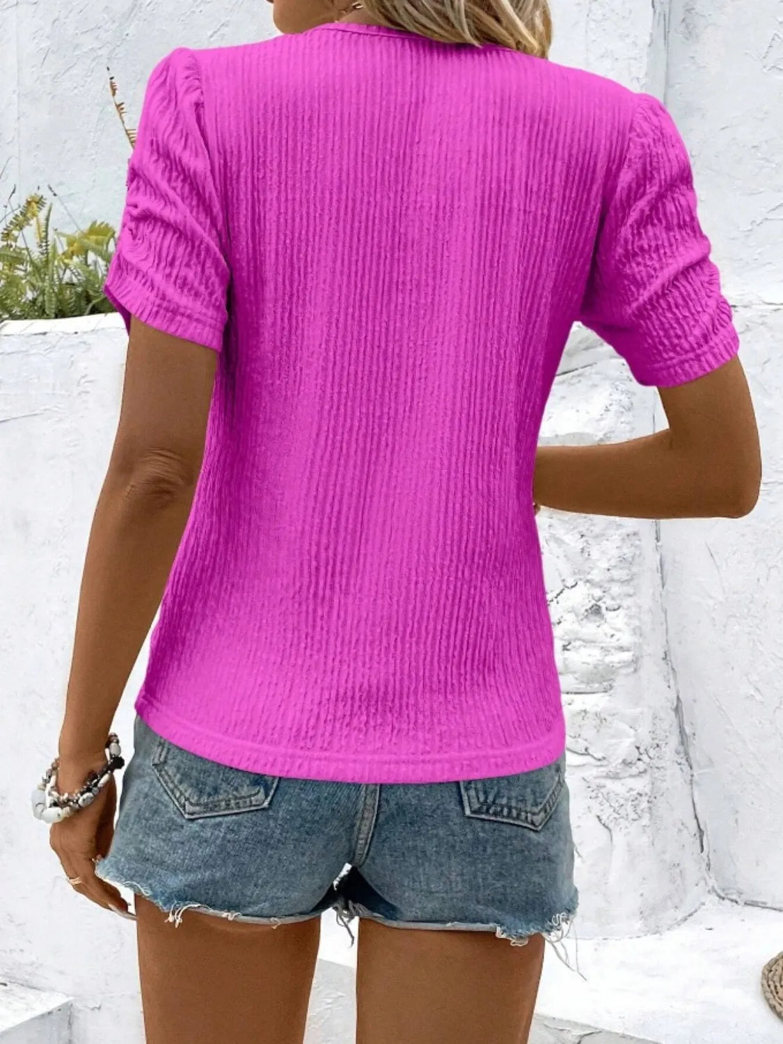 Ruched Round Neck Short Sleeve Top.