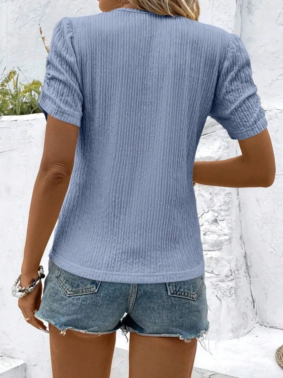 Ruched Round Neck Short Sleeve Top.