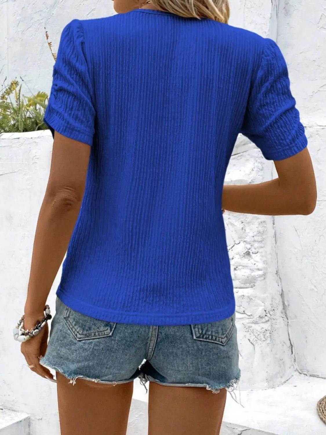 Ruched Round Neck Short Sleeve Top.