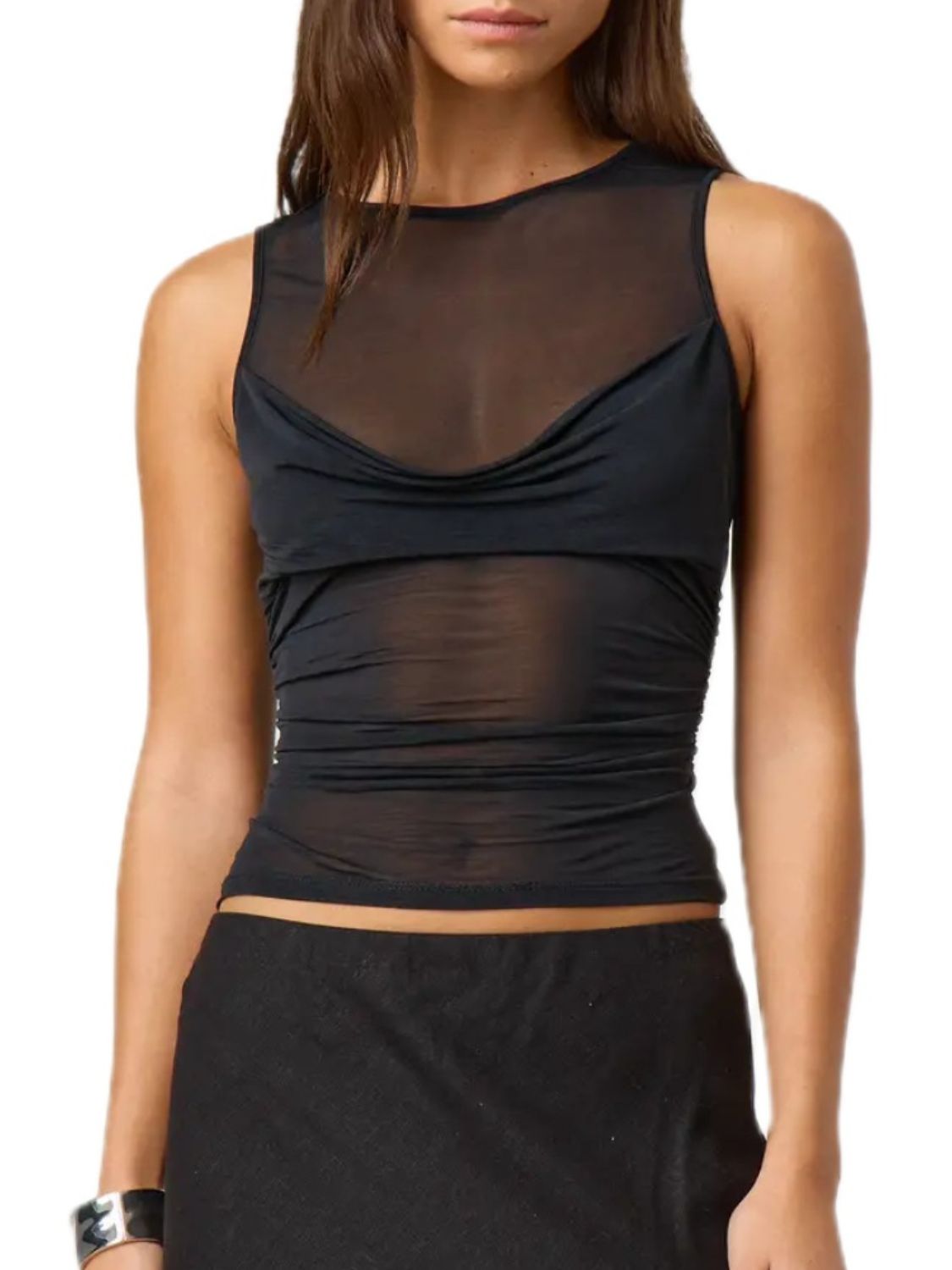 Ruched round neck tank top with semi-sheer design.