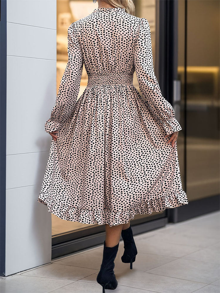Perfee Ruched Ruffled Leopard Long Sleeve Dress.