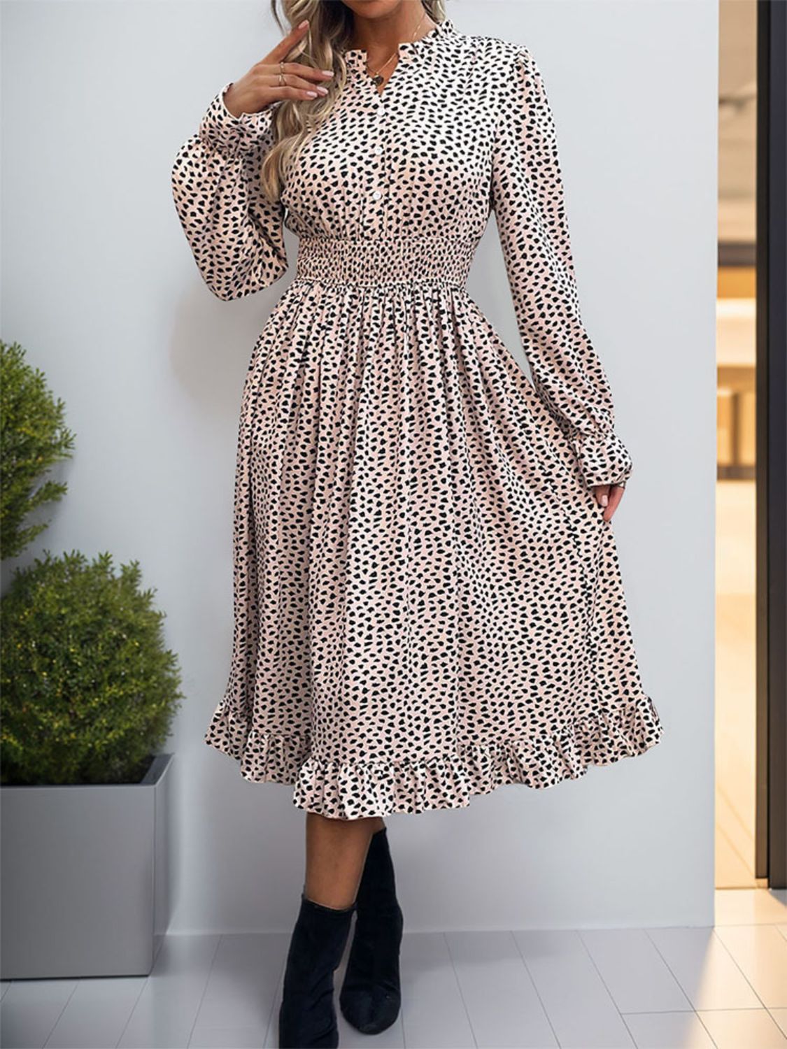 Perfee Ruched Ruffled Leopard Long Sleeve Dress.