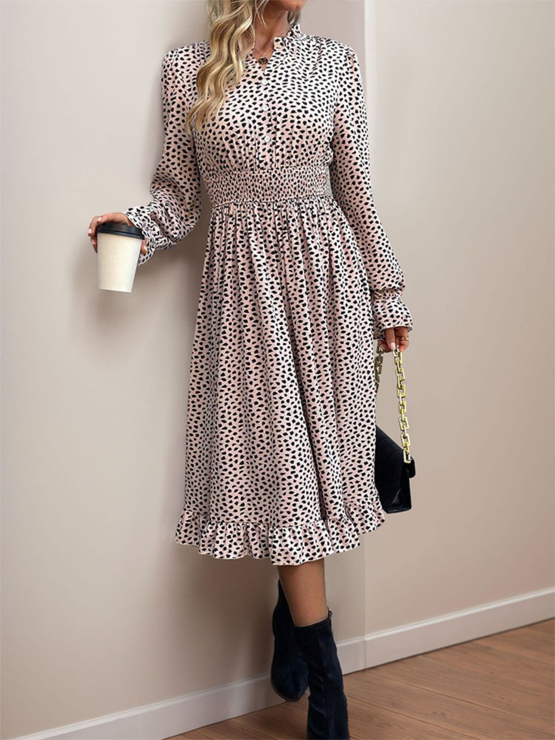 Perfee Ruched Ruffled Leopard Long Sleeve Dress.