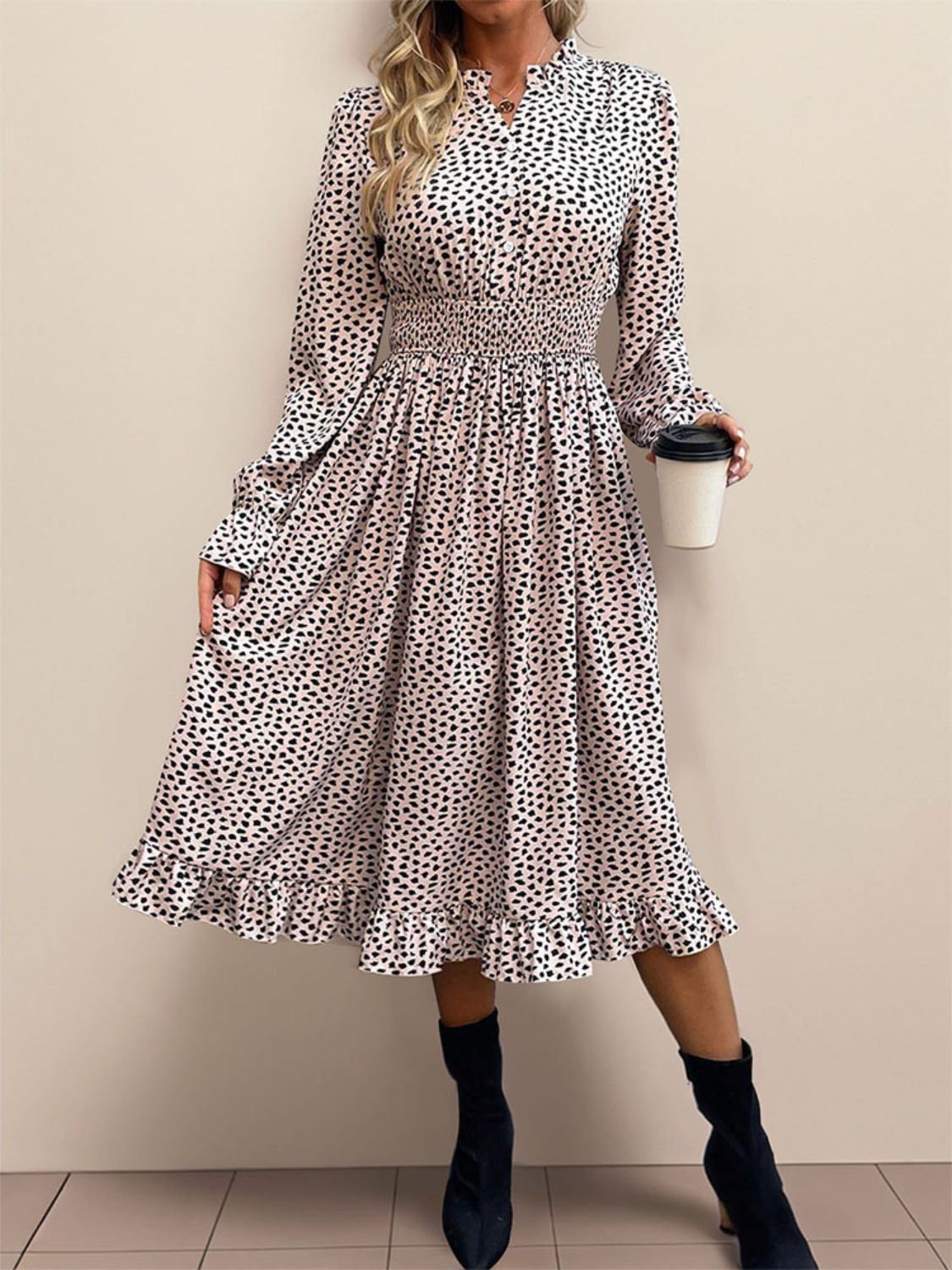 Perfee Ruched Ruffled Leopard Long Sleeve Dress.