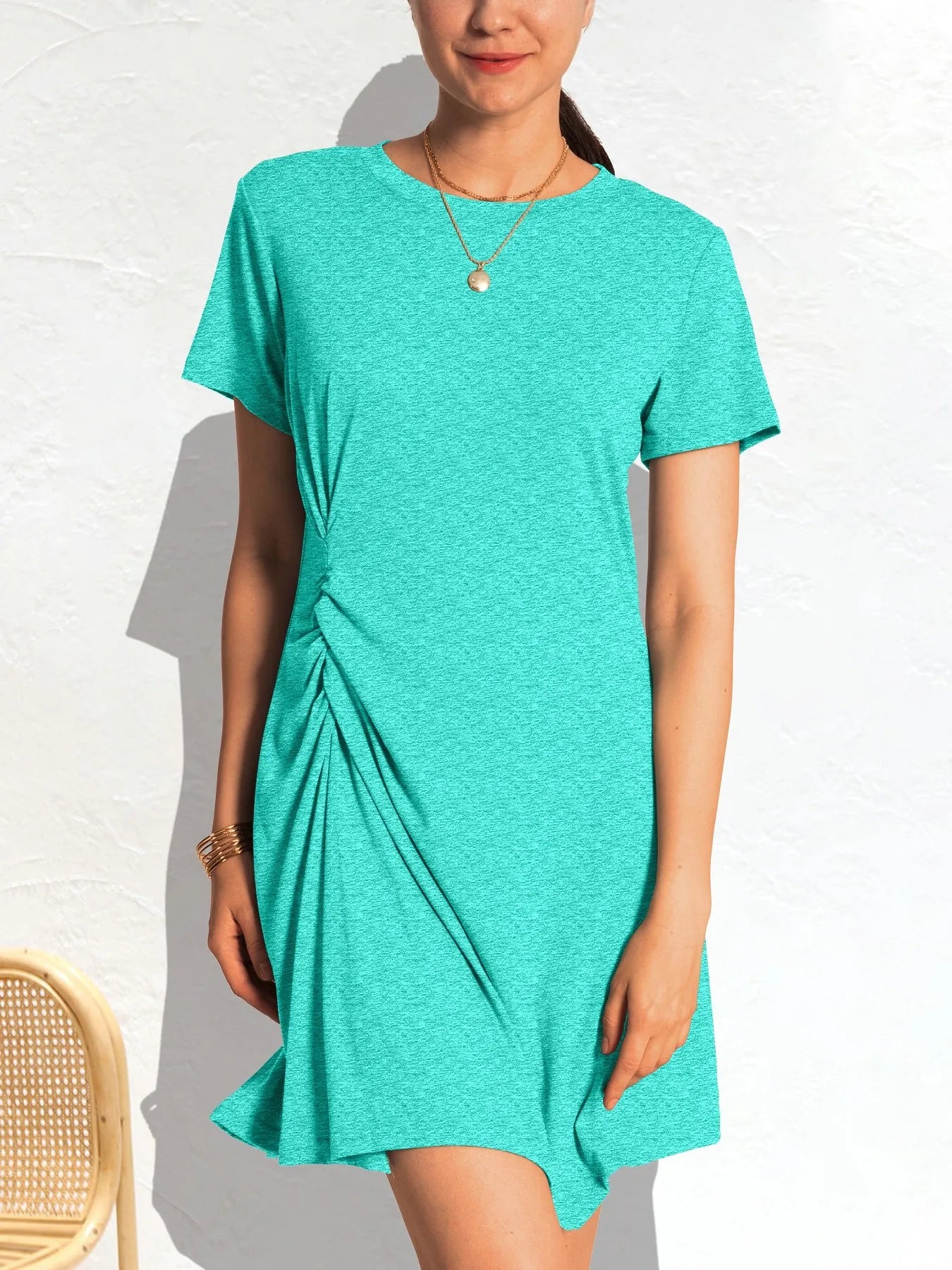 Ruched Short Sleeve Mini Tee Dress.