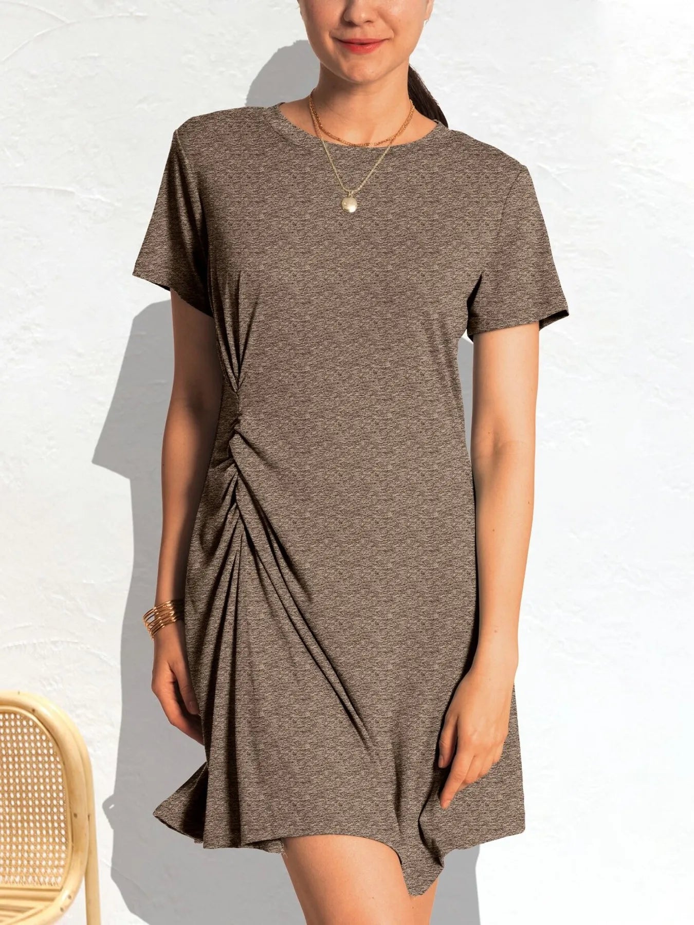 Ruched Short Sleeve Mini Tee Dress.