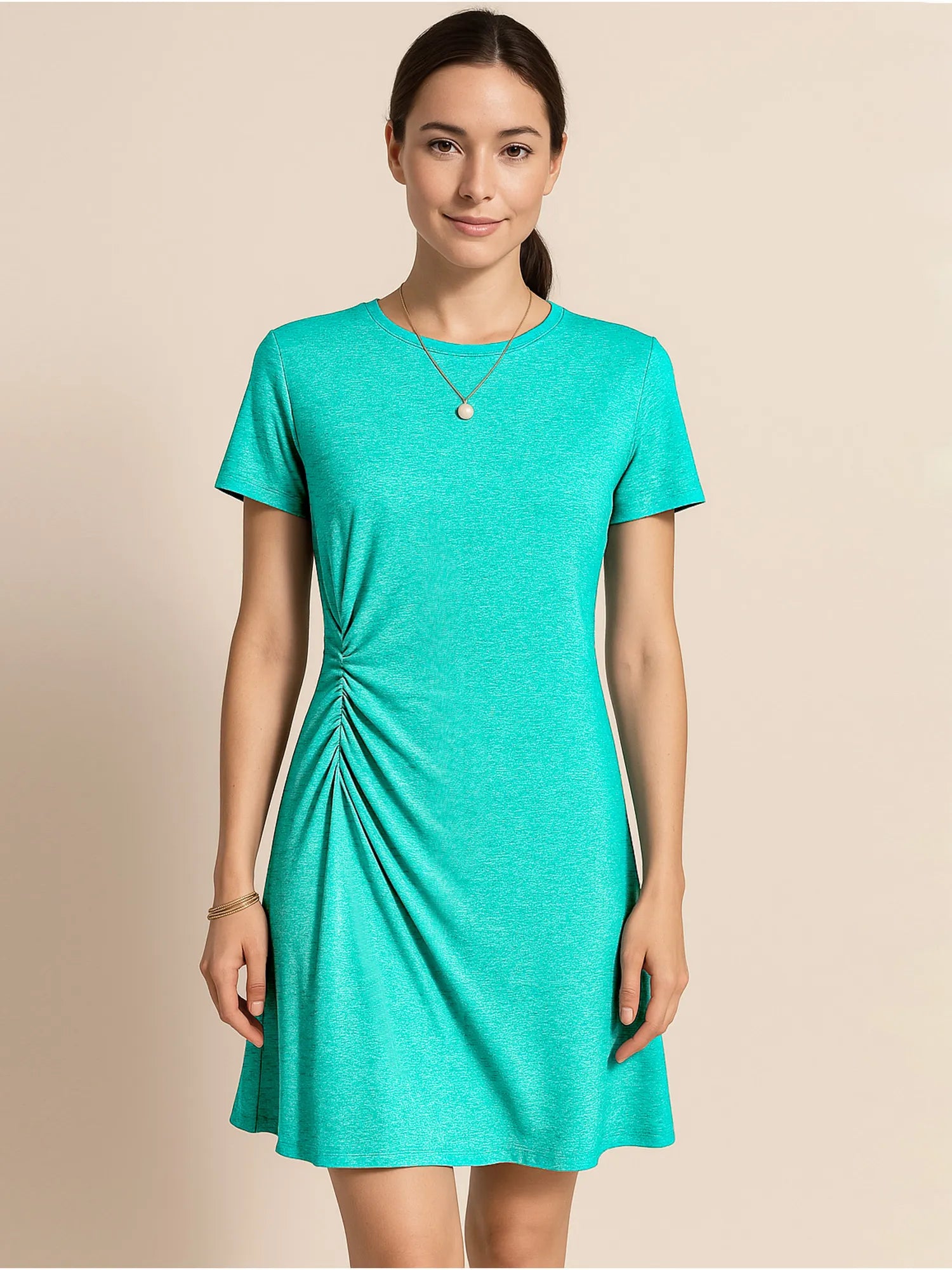 Ruched Short Sleeve Mini Tee Dress.