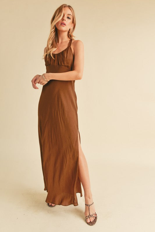 Aemi Co Ruched Side Slit Cutout Back Maxi Cami Dress.