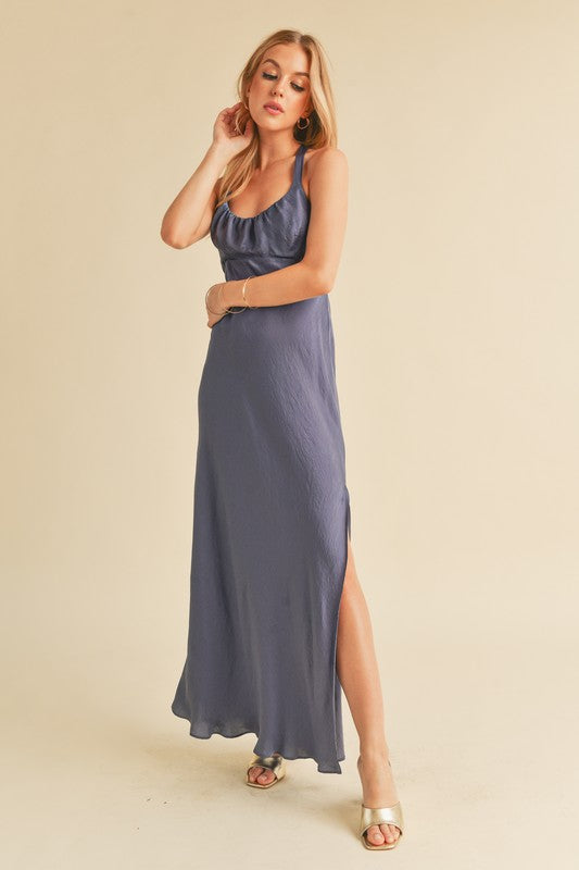 Aemi Co Ruched Side Slit Cutout Back Maxi Cami Dress.