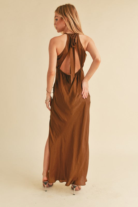 Aemi Co Ruched Side Slit Cutout Back Maxi Cami Dress.