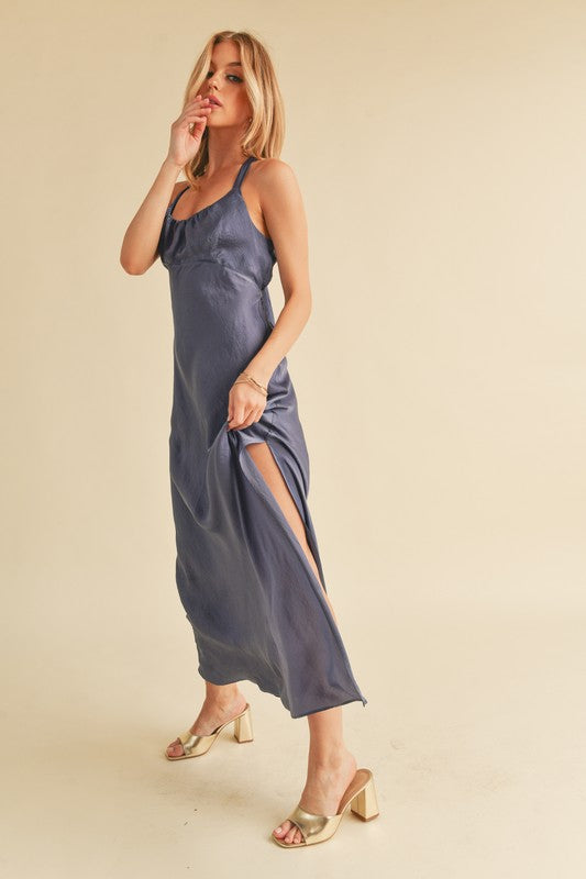 Aemi Co Ruched Side Slit Cutout Back Maxi Cami Dress.