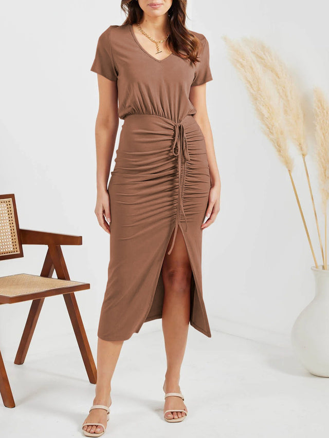 Ruched Slit V-Neck Short Sleeve Dress.