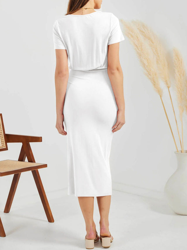 Ruched Slit V-Neck Short Sleeve Dress.