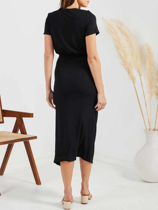 Ruched Slit V-Neck Short Sleeve Dress.