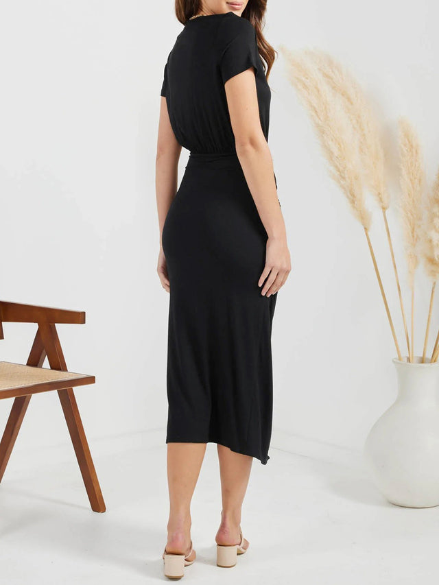 Ruched Slit V-Neck Short Sleeve Dress.