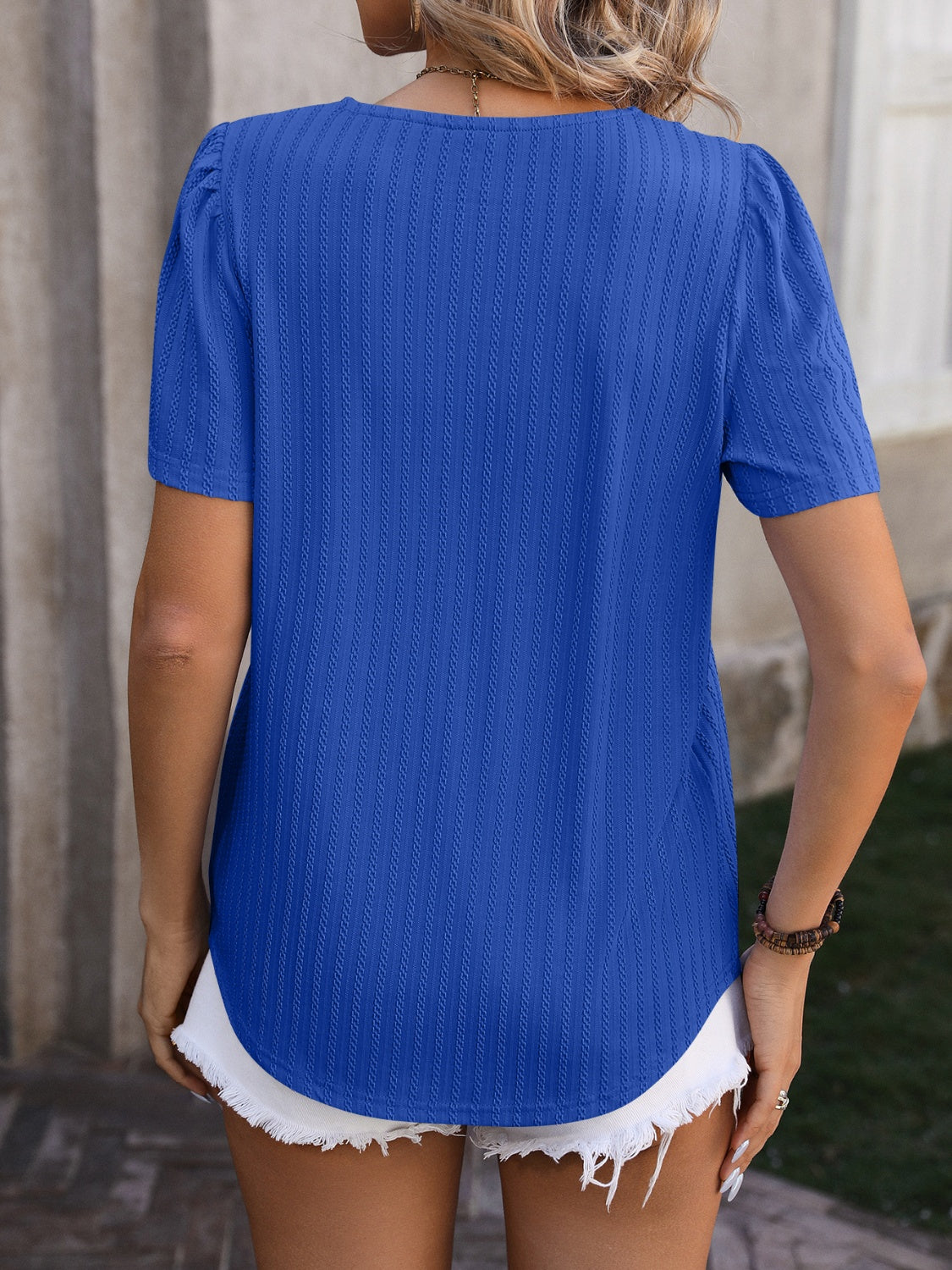 Mandy Ruched Square Neck Short Sleeve Blouse.