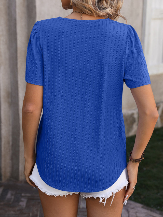 Mandy Ruched Square Neck Short Sleeve Blouse.