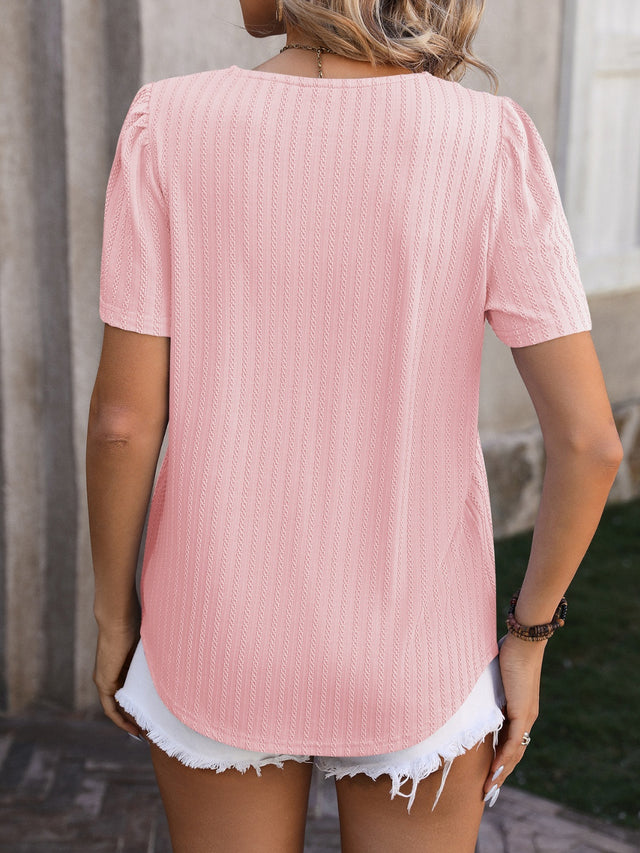 Mandy Ruched Square Neck Short Sleeve Blouse.