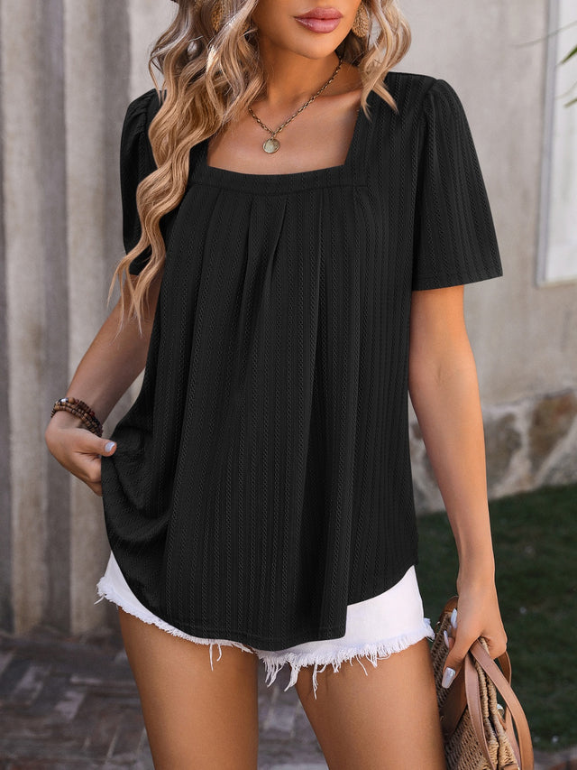 Mandy Ruched Square Neck Short Sleeve Blouse.