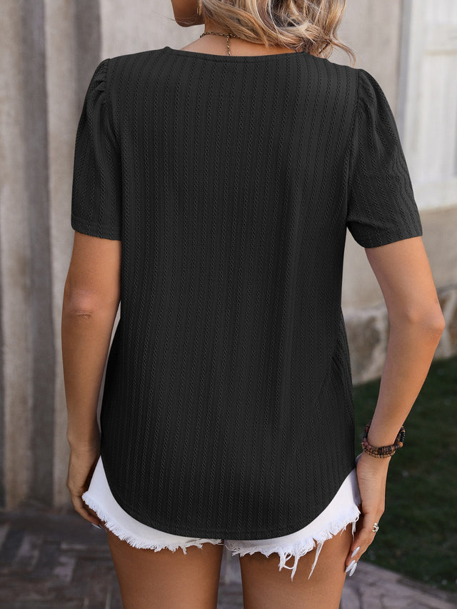 Mandy Ruched Square Neck Short Sleeve Blouse.