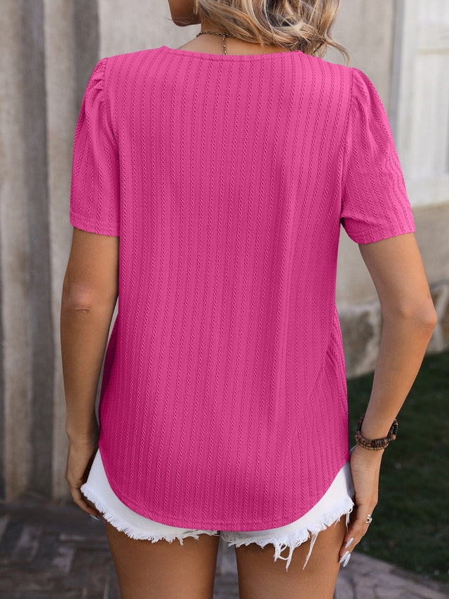 Mandy Ruched Square Neck Short Sleeve Blouse.