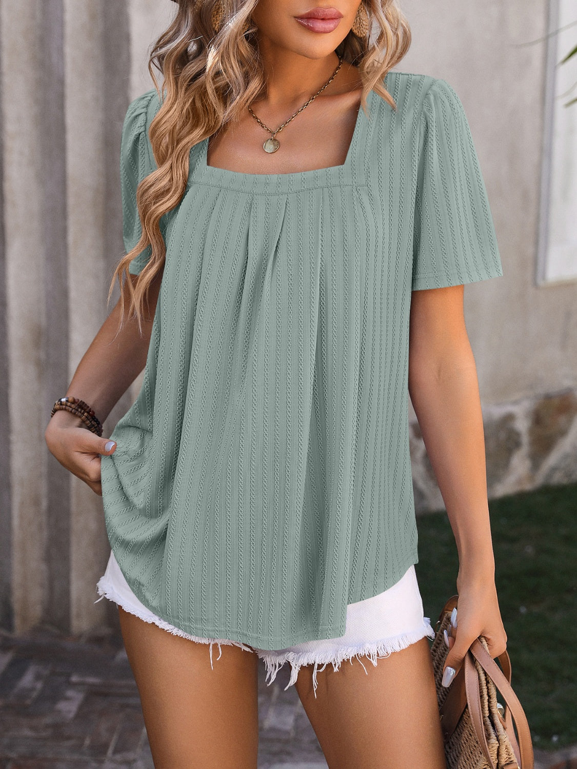 Mandy Ruched Square Neck Short Sleeve Blouse.