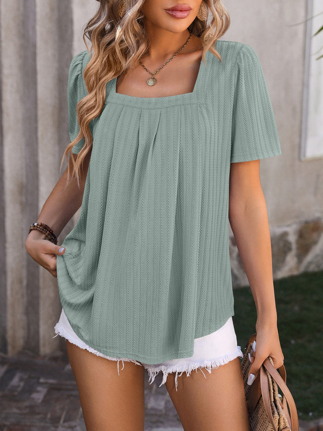 Mandy Ruched Square Neck Short Sleeve Blouse.