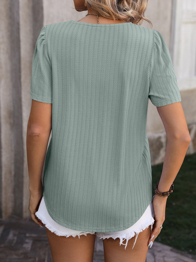 Mandy Ruched Square Neck Short Sleeve Blouse.