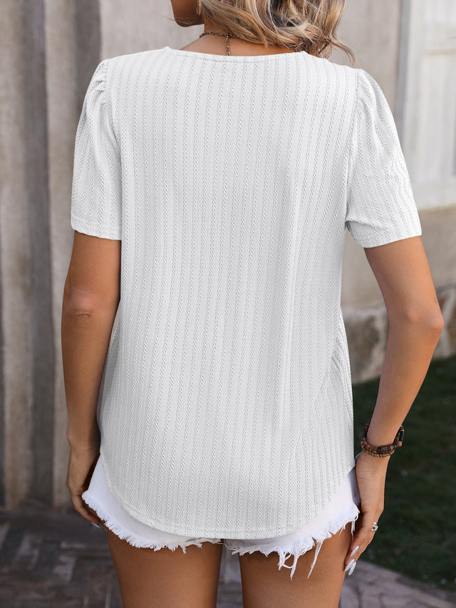 Mandy Ruched Square Neck Short Sleeve Blouse.