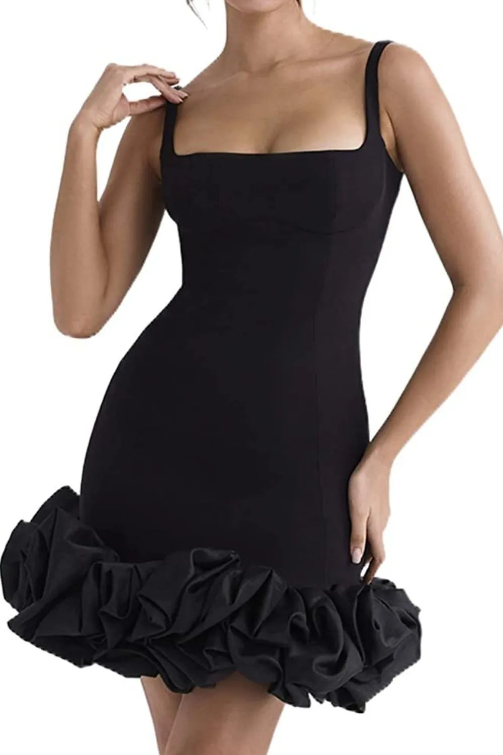 Ruched Square Neck Sleeve Mini Dress.