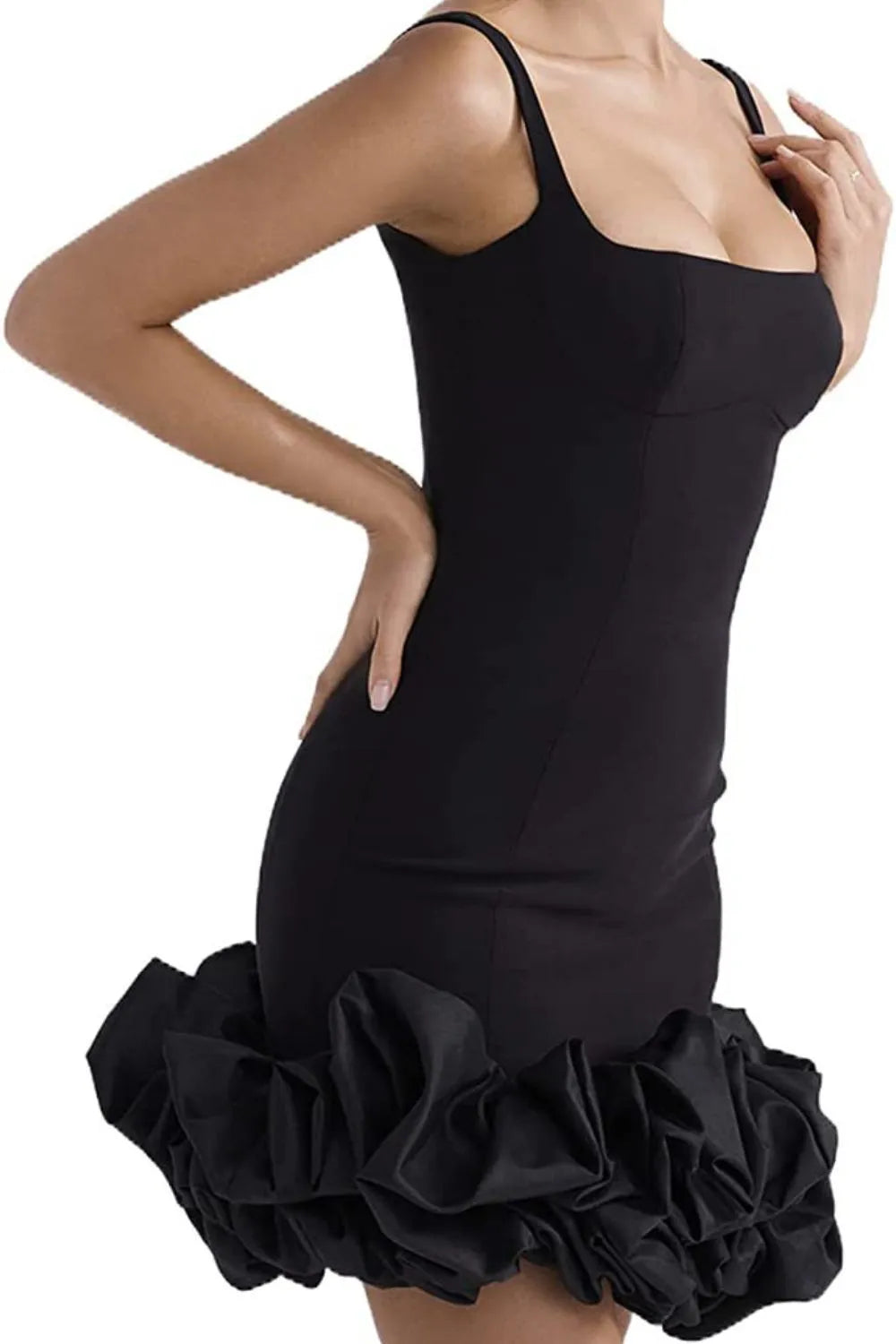 Ruched Square Neck Sleeve Mini Dress.