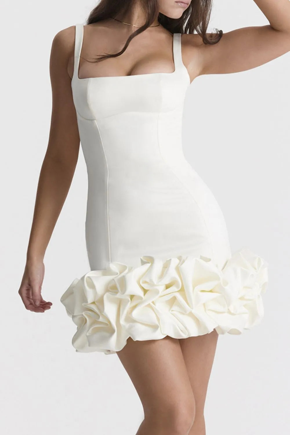Ruched Square Neck Sleeve Mini Dress.
