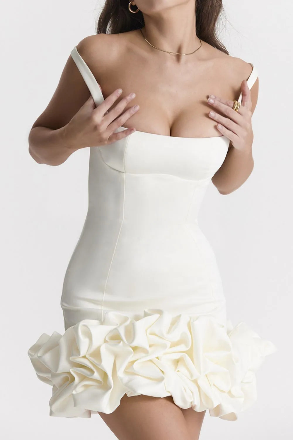Ruched Square Neck Sleeve Mini Dress.
