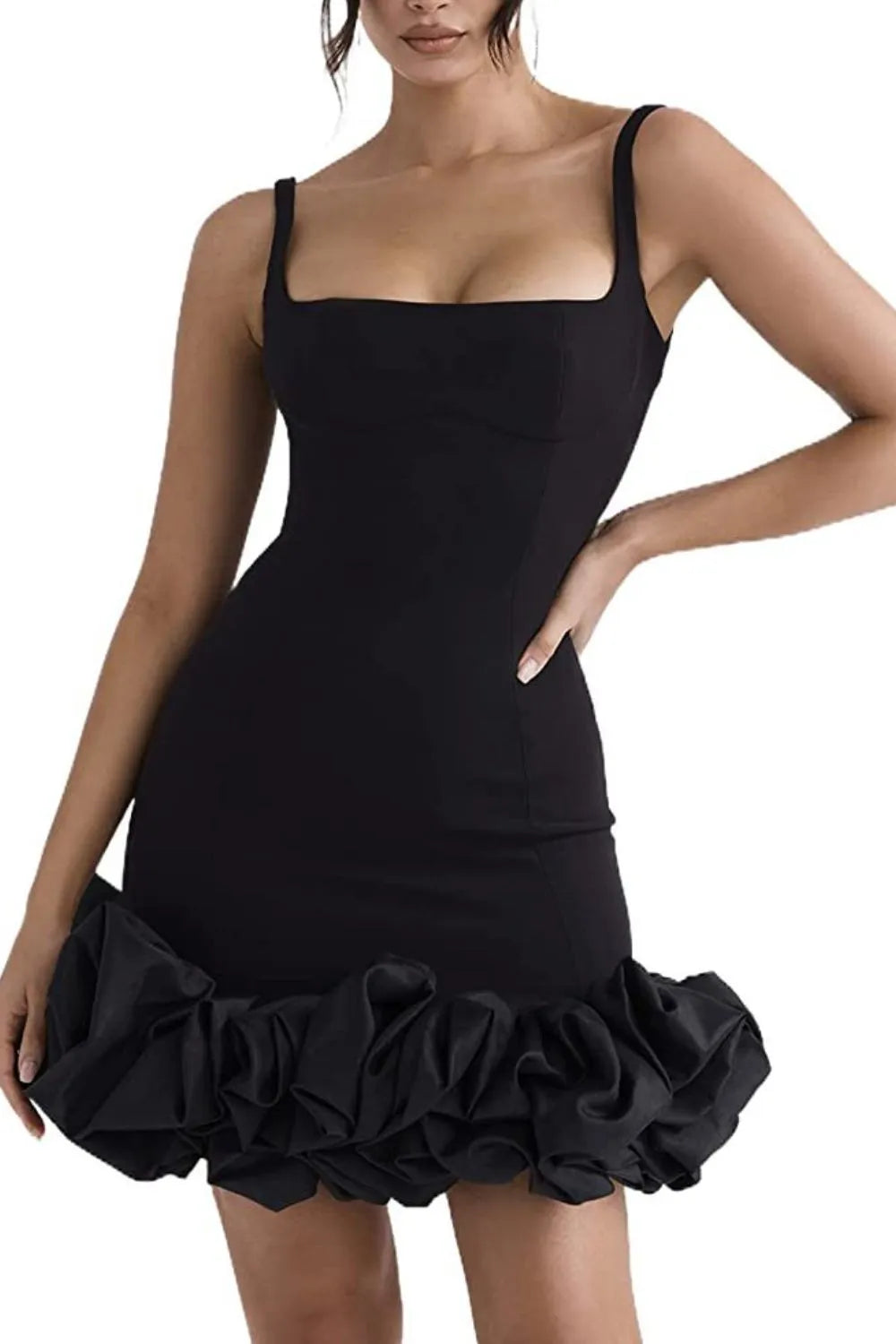 Ruched Square Neck Sleeve Mini Dress.