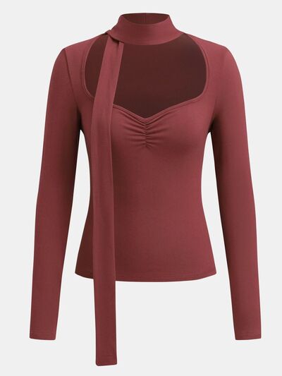 Ruched Sweetheart Neck Long Sleeve T-Shirt.