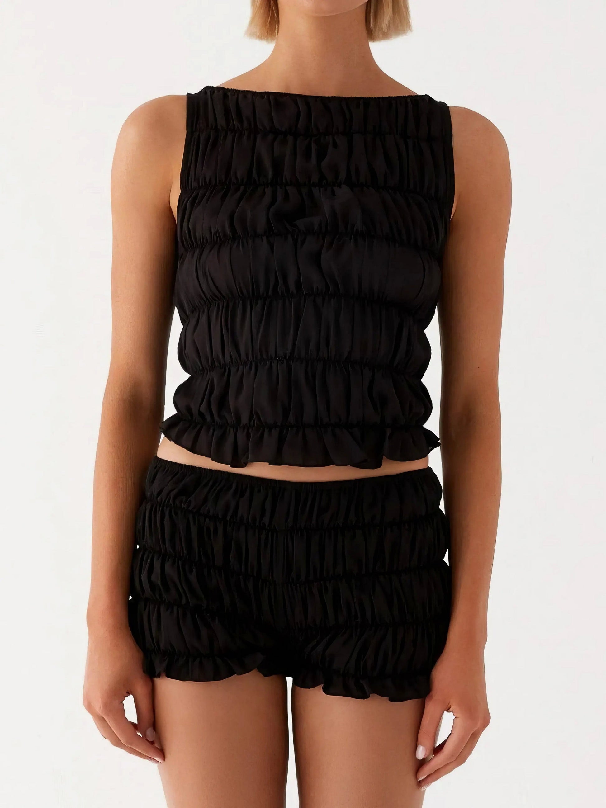 Ruched texture tank and shorts two-piece set, women's stylish two-piece outfit, comfortable ruched texture, smocked details, non-stretch polyester cotton blend, ideal for a unique and comfortable casual look