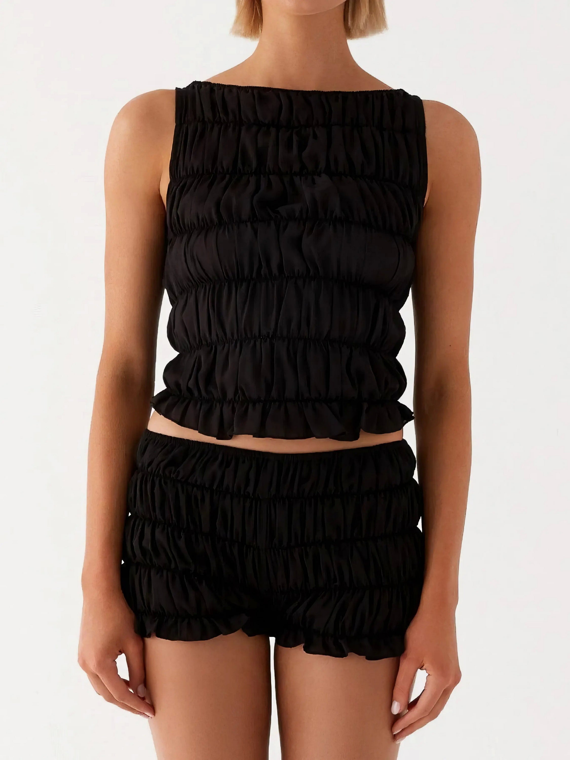 Ruched texture tank and shorts two-piece set, women's stylish two-piece outfit, comfortable ruched texture, smocked details, non-stretch polyester cotton blend, ideal for a unique and comfortable casual look