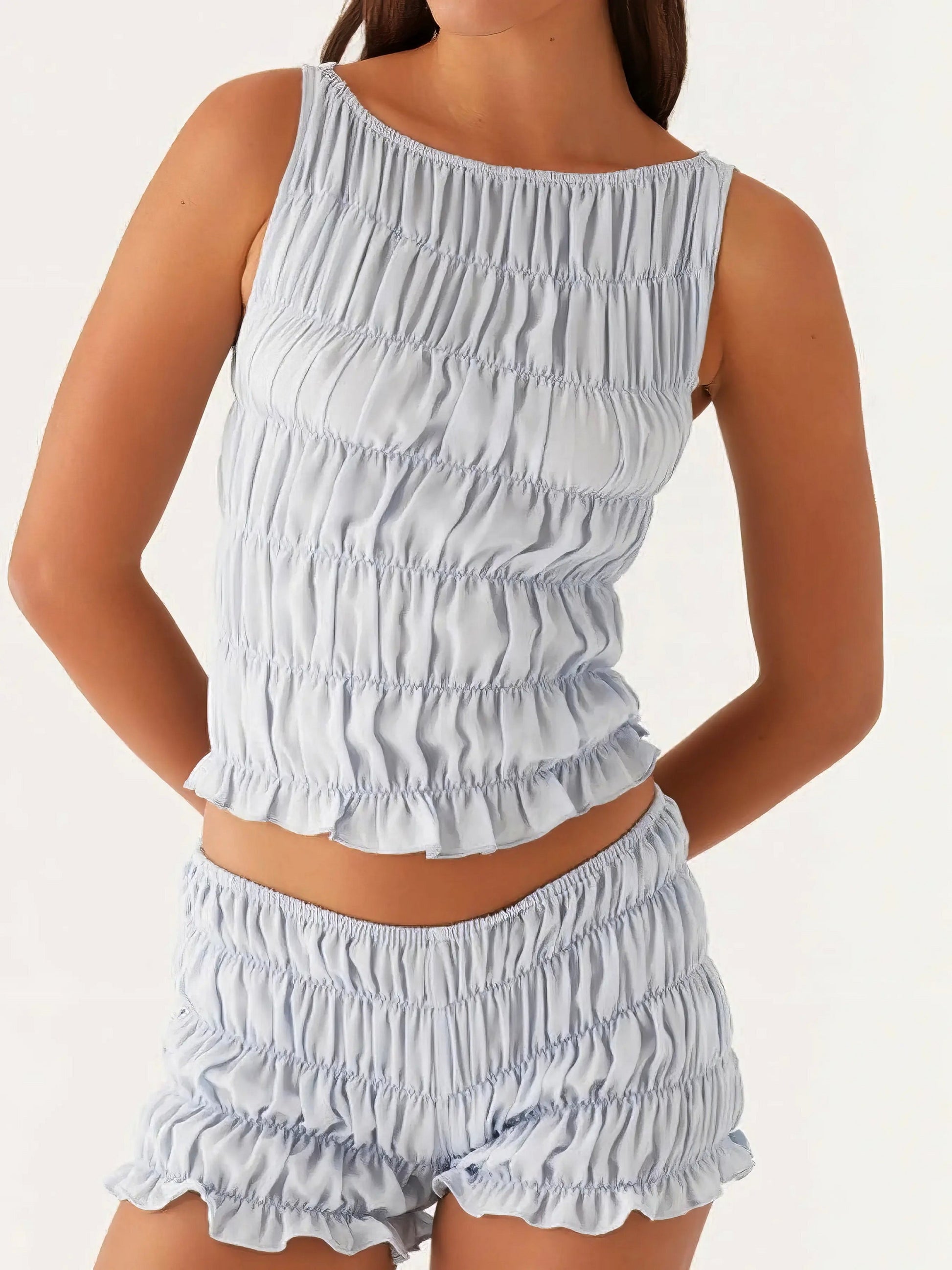 Ruched texture tank and shorts two-piece set, women's stylish two-piece outfit, comfortable ruched texture, smocked details, non-stretch polyester cotton blend, ideal for a unique and comfortable casual look