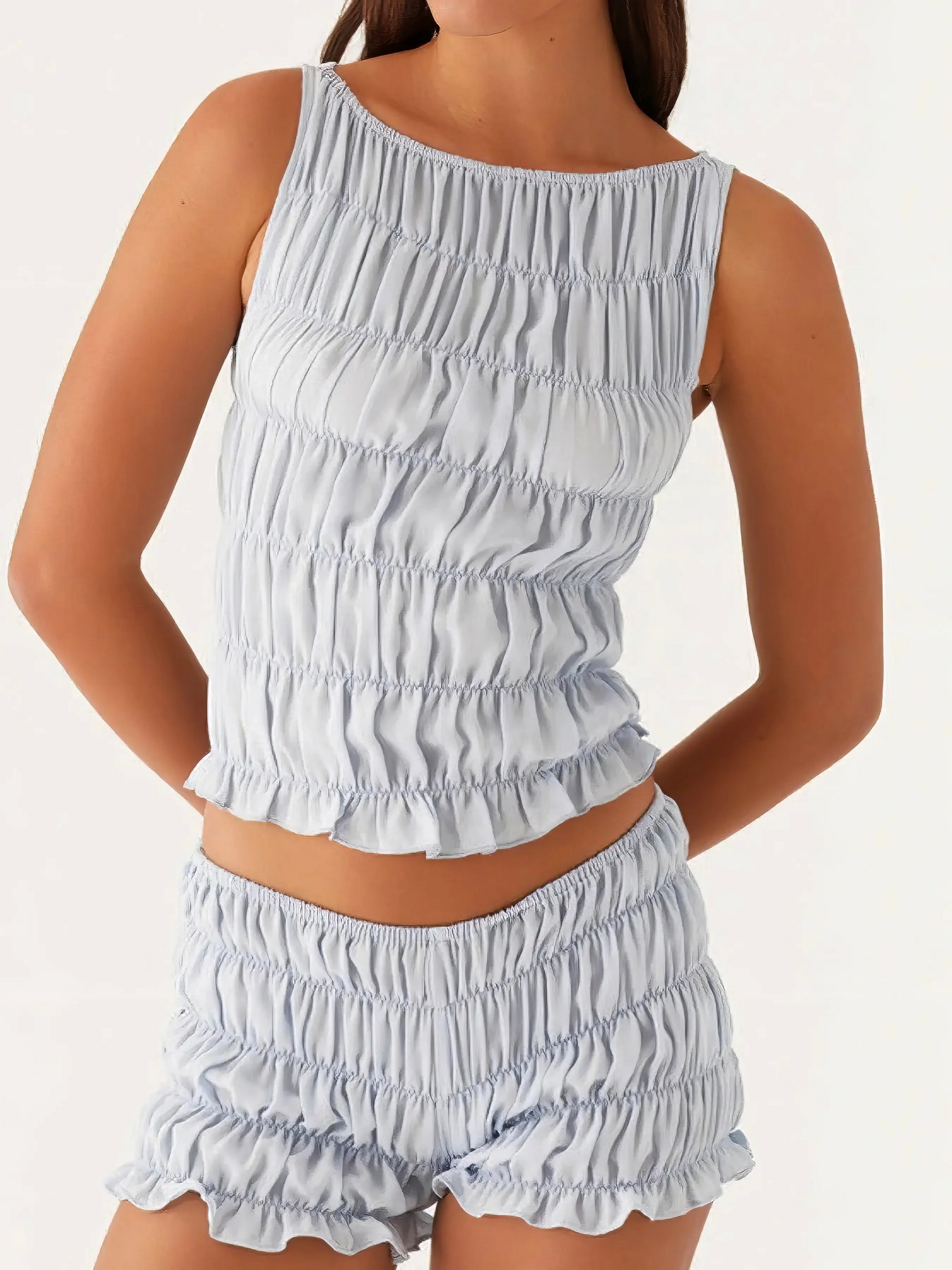 Ruched texture tank and shorts two-piece set, women's stylish two-piece outfit, comfortable ruched texture, smocked details, non-stretch polyester cotton blend, ideal for a unique and comfortable casual look