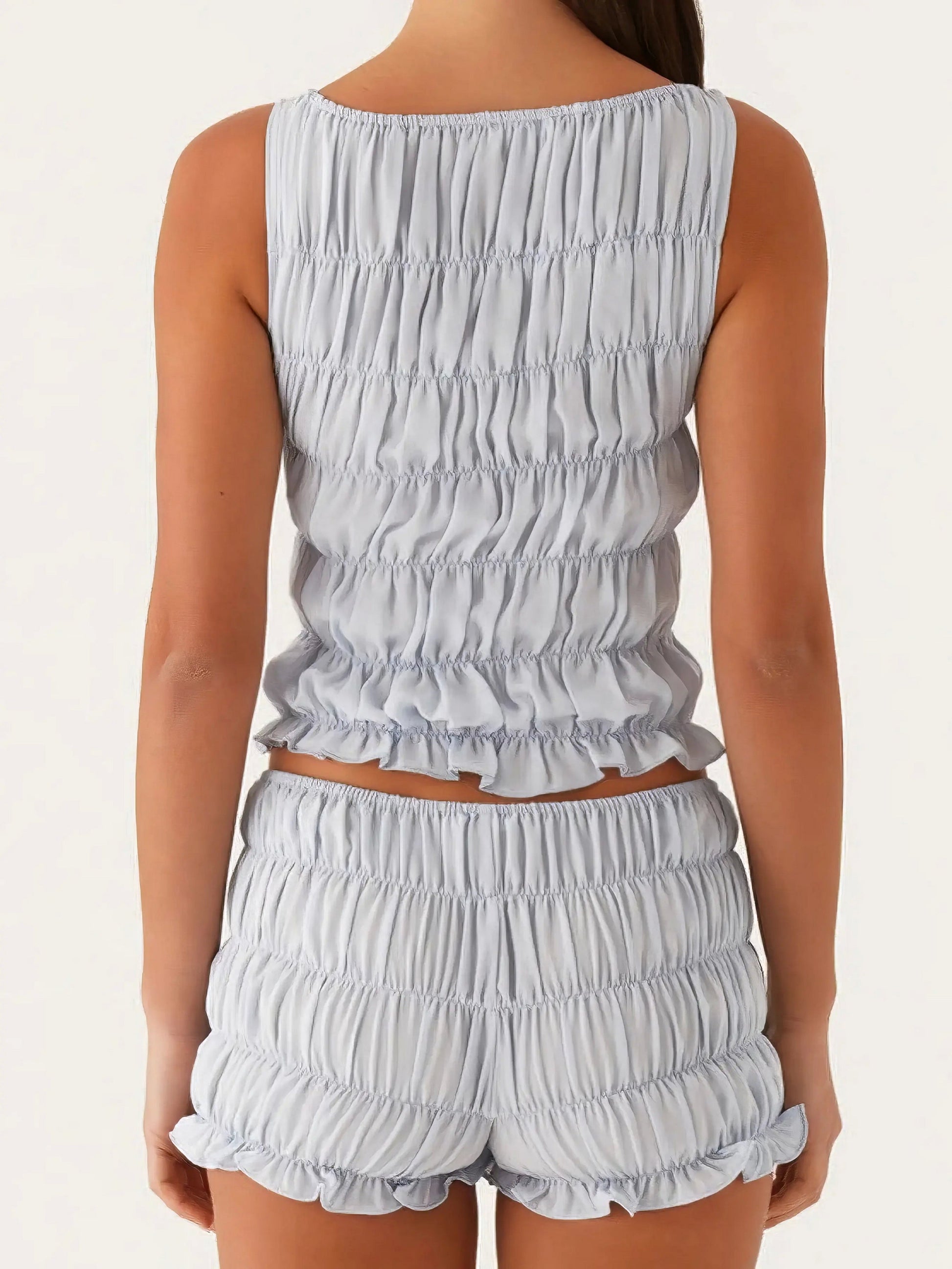 Ruched texture tank and shorts two-piece set, women's stylish two-piece outfit, comfortable ruched texture, smocked details, non-stretch polyester cotton blend, ideal for a unique and comfortable casual look