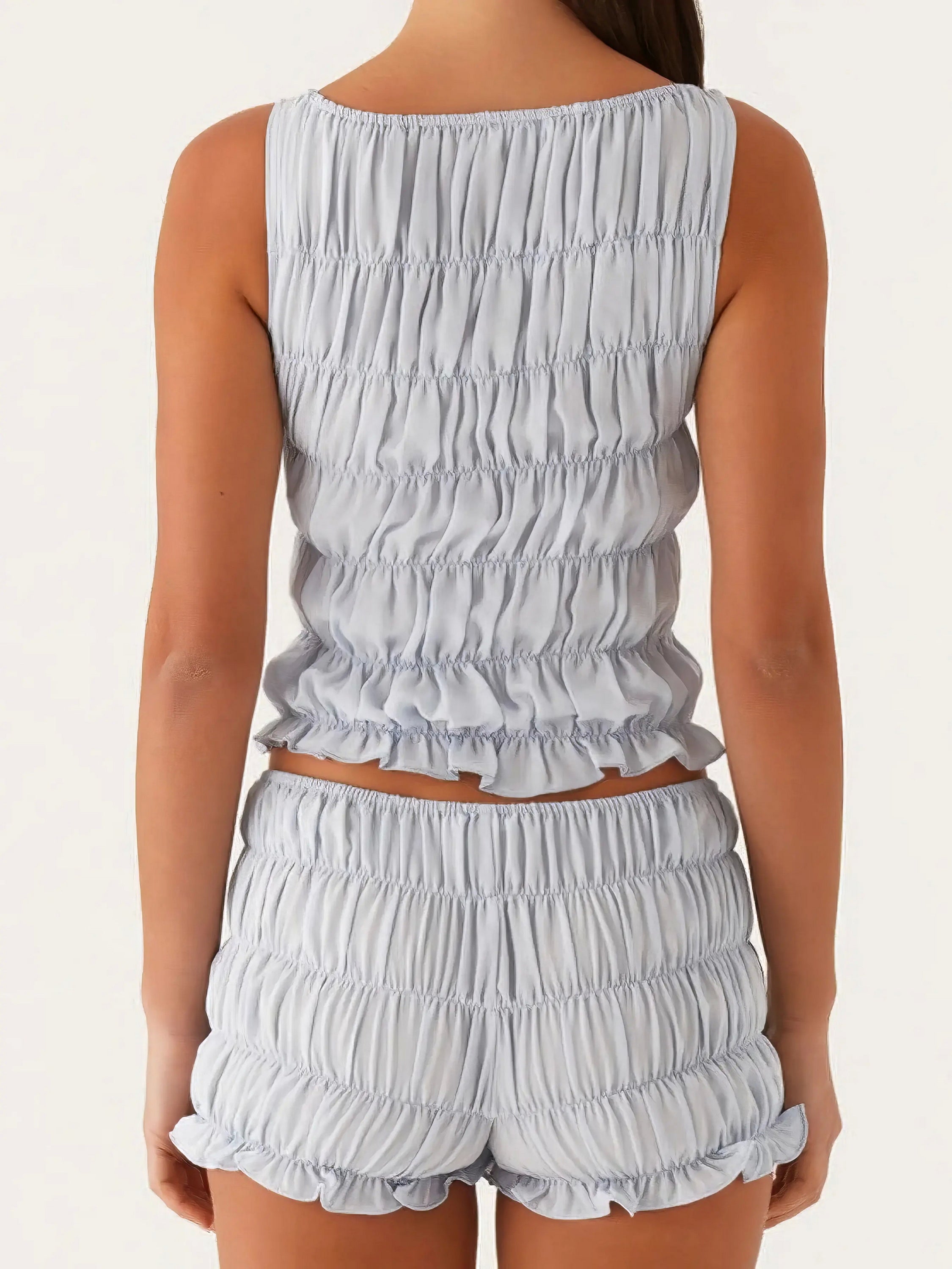 Ruched texture tank and shorts two-piece set, women's stylish two-piece outfit, comfortable ruched texture, smocked details, non-stretch polyester cotton blend, ideal for a unique and comfortable casual look