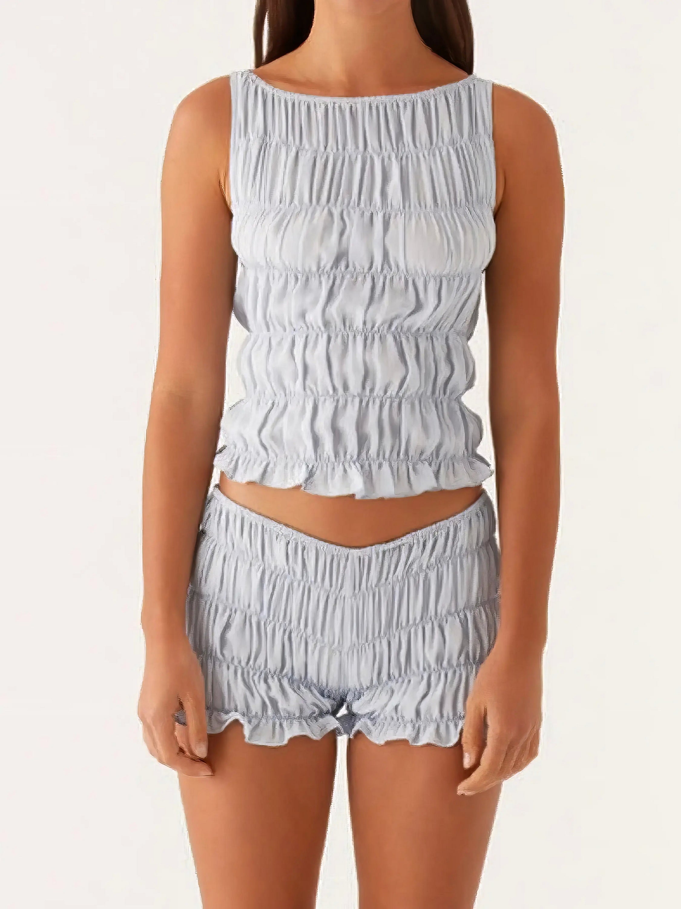 Ruched texture tank and shorts two-piece set, women's stylish two-piece outfit, comfortable ruched texture, smocked details, non-stretch polyester cotton blend, ideal for a unique and comfortable casual look