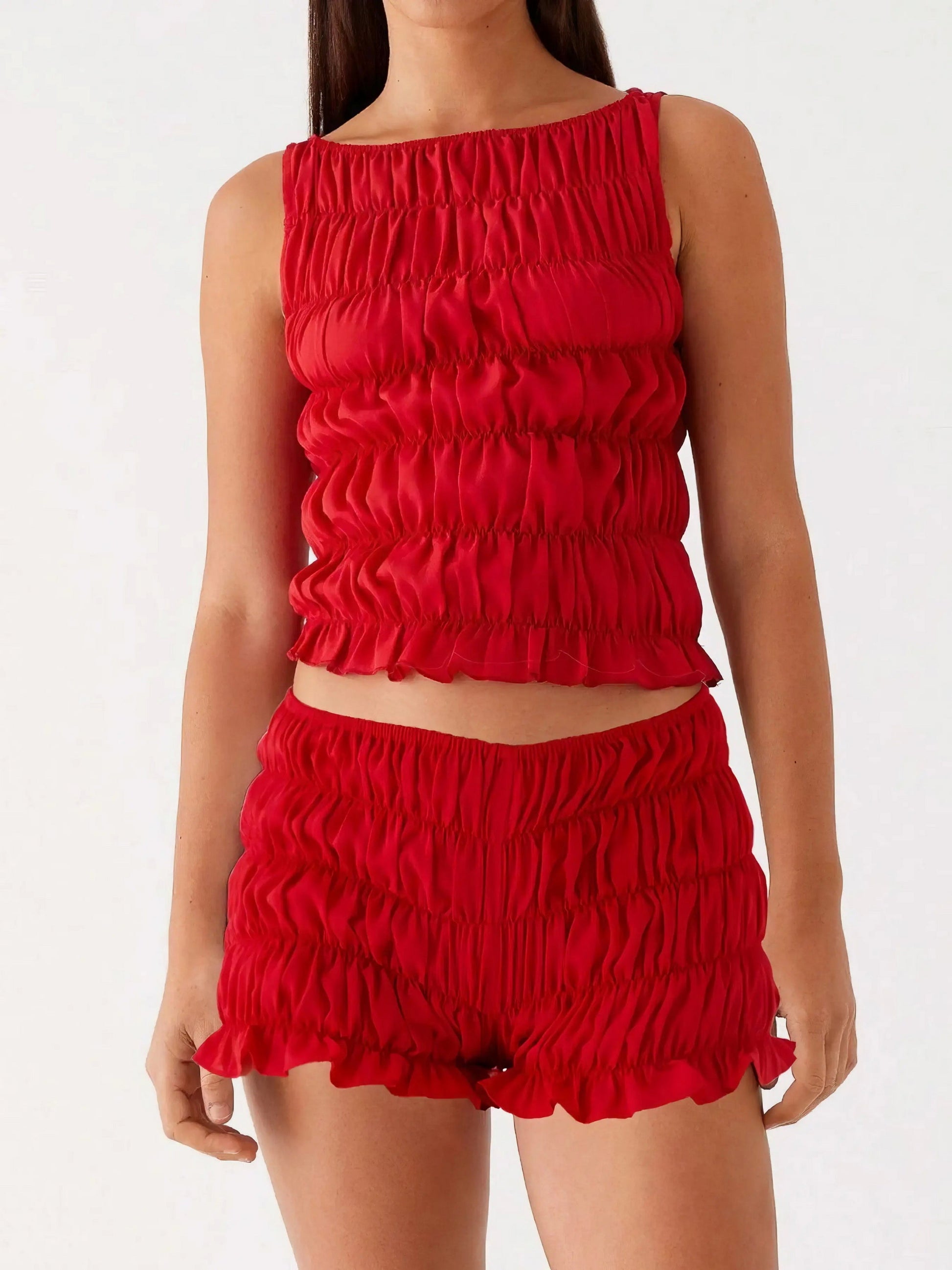 Ruched texture tank and shorts two-piece set, women's stylish two-piece outfit, comfortable ruched texture, smocked details, non-stretch polyester cotton blend, ideal for a unique and comfortable casual look