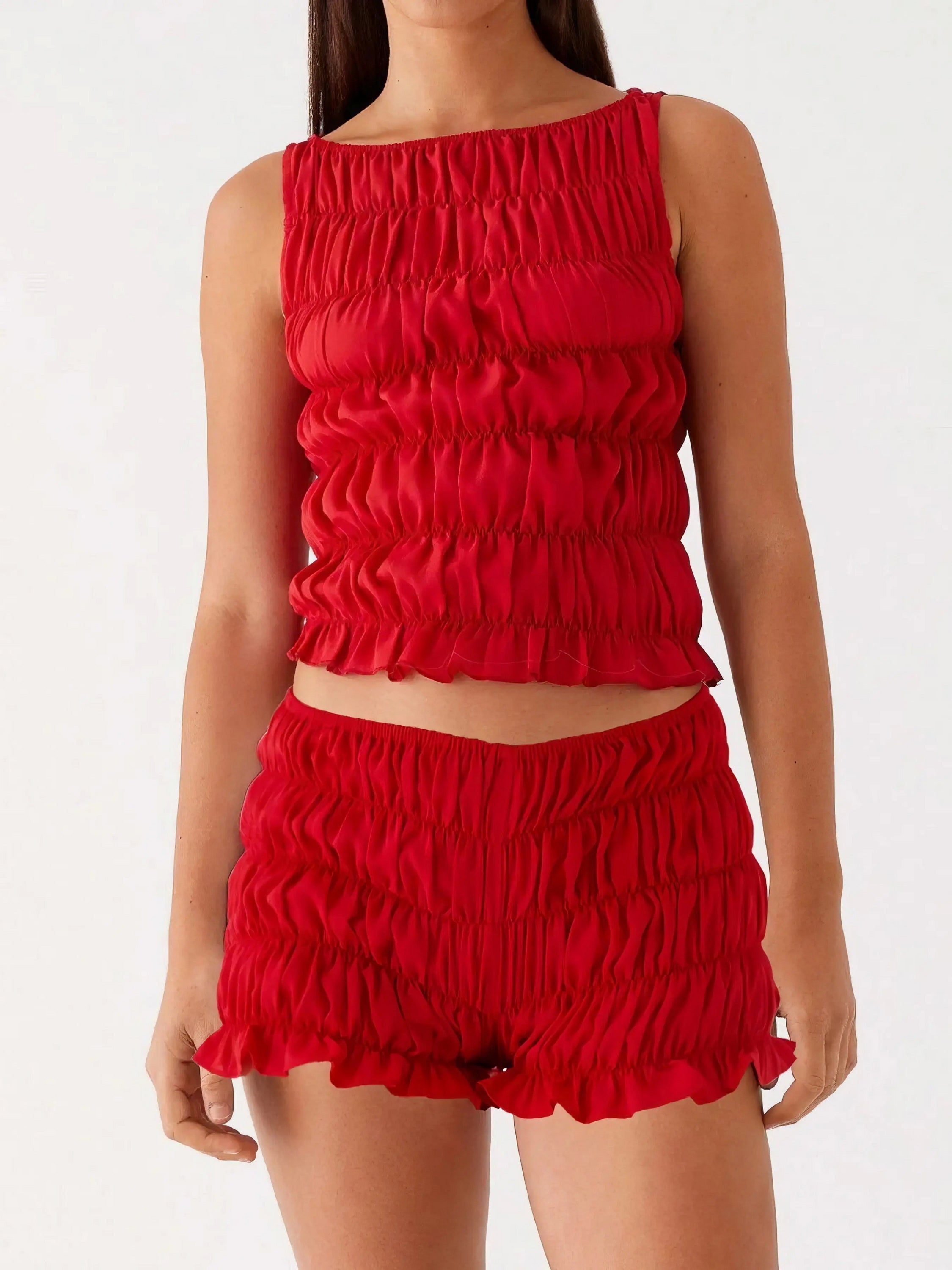 Ruched texture tank and shorts two-piece set, women's stylish two-piece outfit, comfortable ruched texture, smocked details, non-stretch polyester cotton blend, ideal for a unique and comfortable casual look