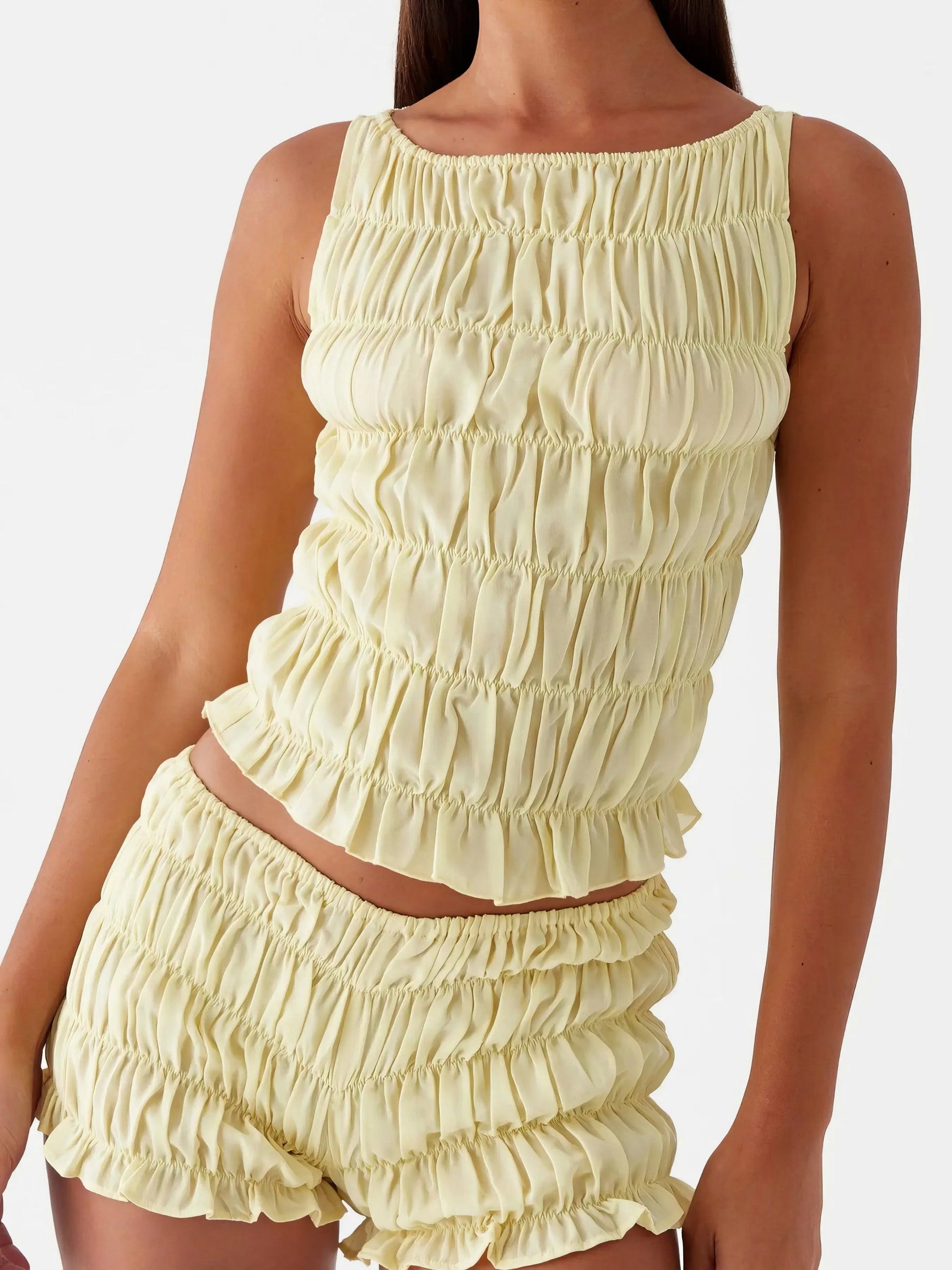 Ruched texture tank and shorts two-piece set, women's stylish two-piece outfit, comfortable ruched texture, smocked details, non-stretch polyester cotton blend, ideal for a unique and comfortable casual look