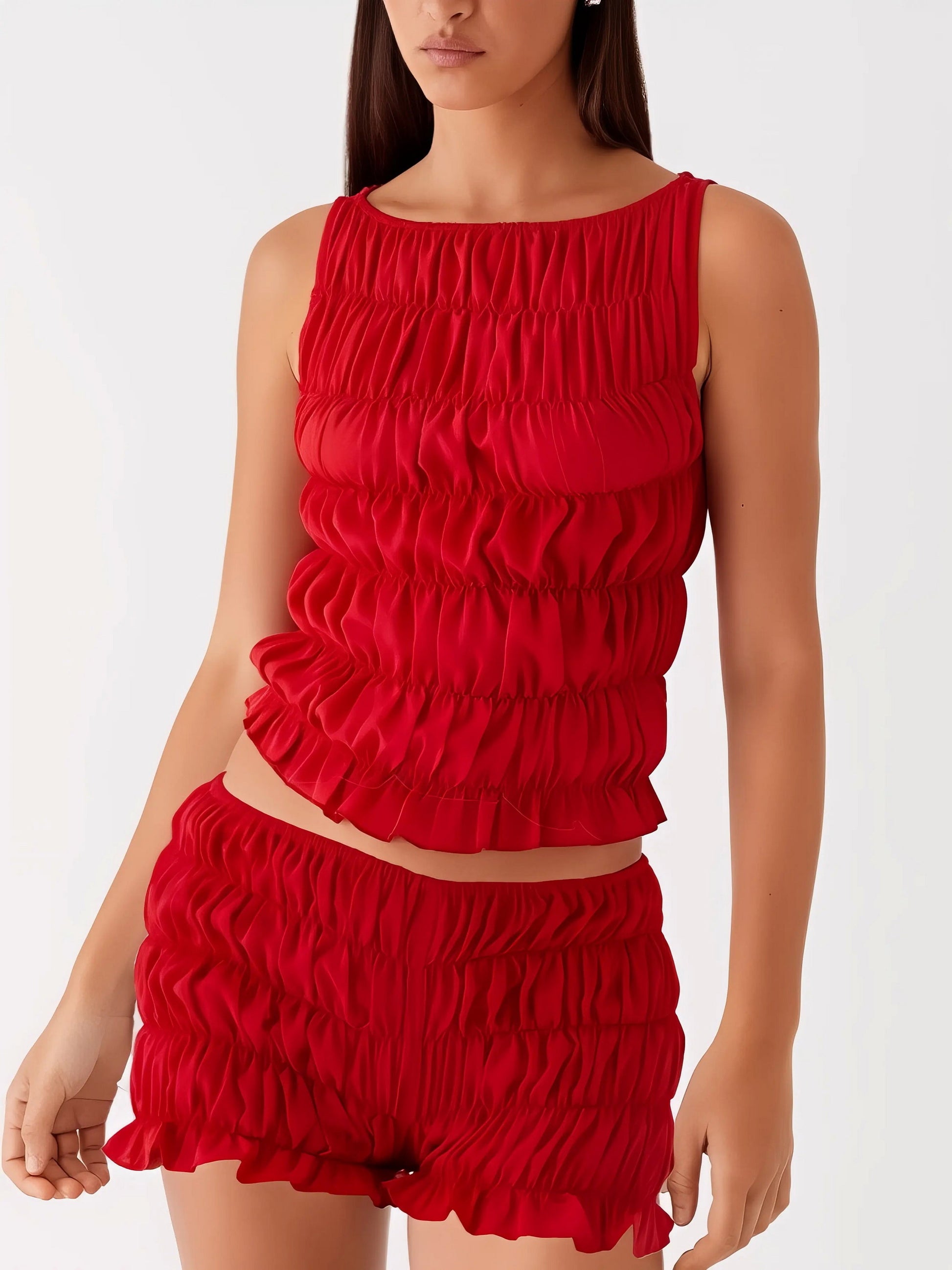 Ruched texture tank and shorts two-piece set, women's stylish two-piece outfit, comfortable ruched texture, smocked details, non-stretch polyester cotton blend, ideal for a unique and comfortable casual look