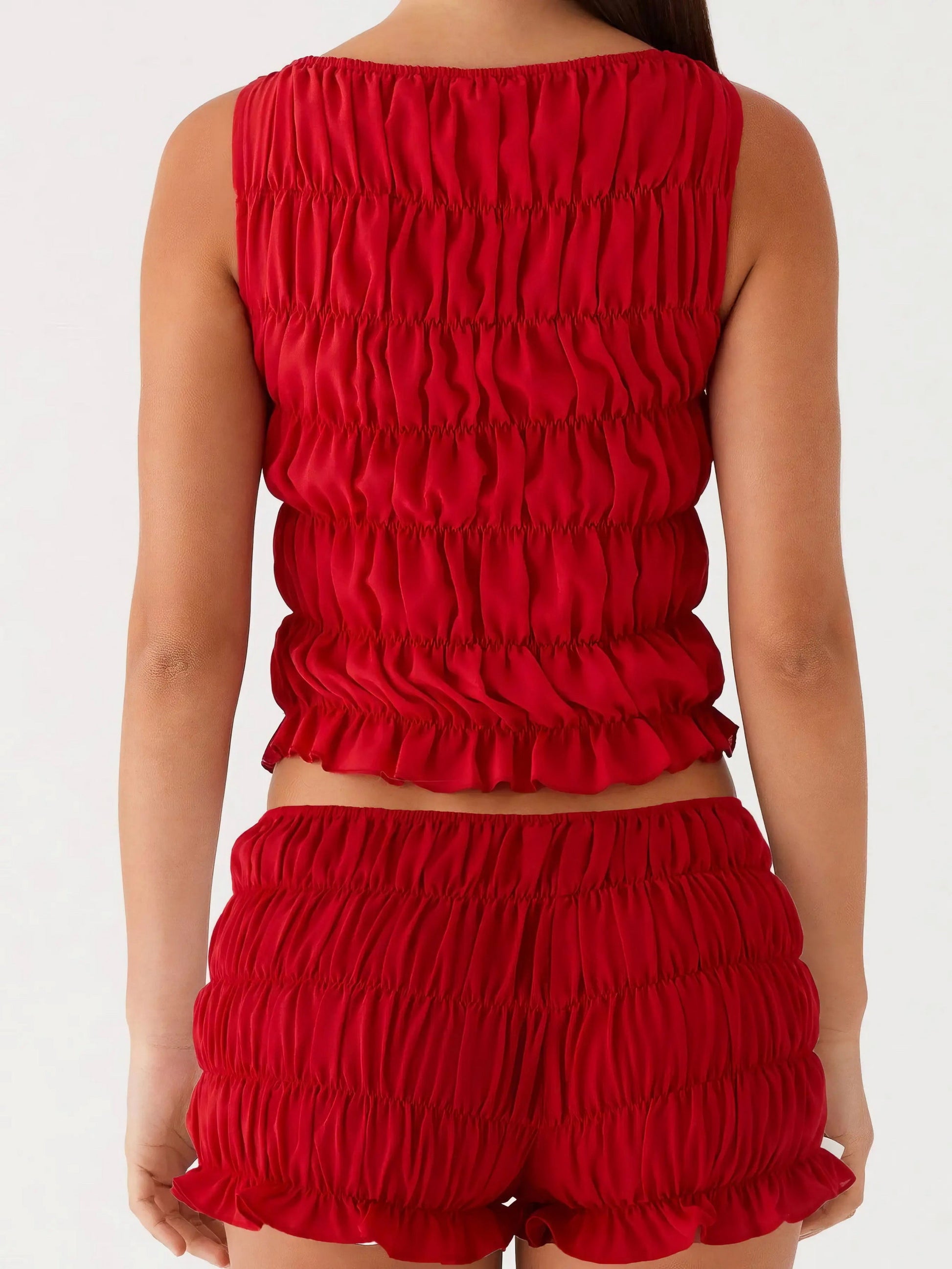 Ruched texture tank and shorts two-piece set, women's stylish two-piece outfit, comfortable ruched texture, smocked details, non-stretch polyester cotton blend, ideal for a unique and comfortable casual look