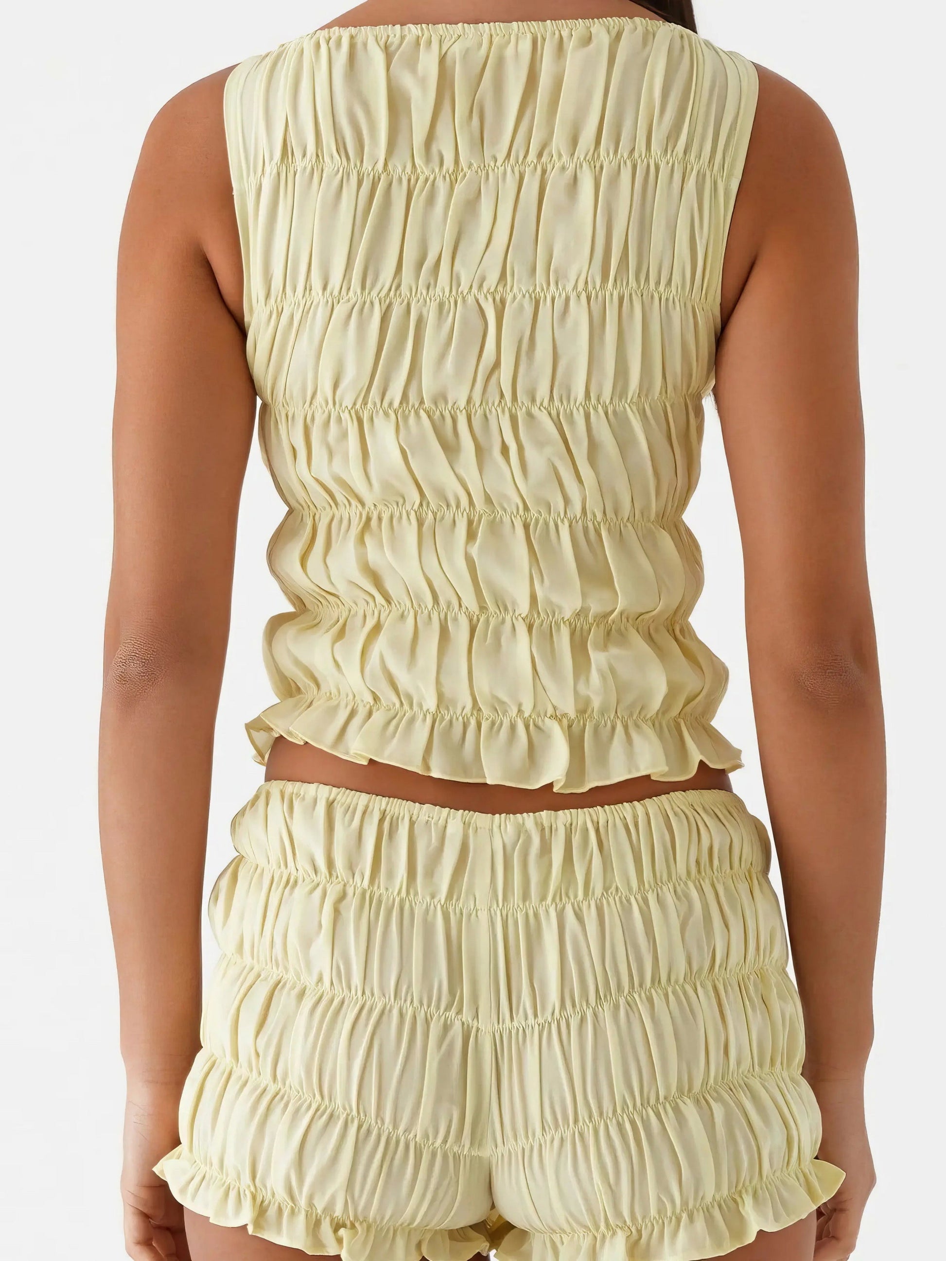 Ruched texture tank and shorts two-piece set, women's stylish two-piece outfit, comfortable ruched texture, smocked details, non-stretch polyester cotton blend, ideal for a unique and comfortable casual look