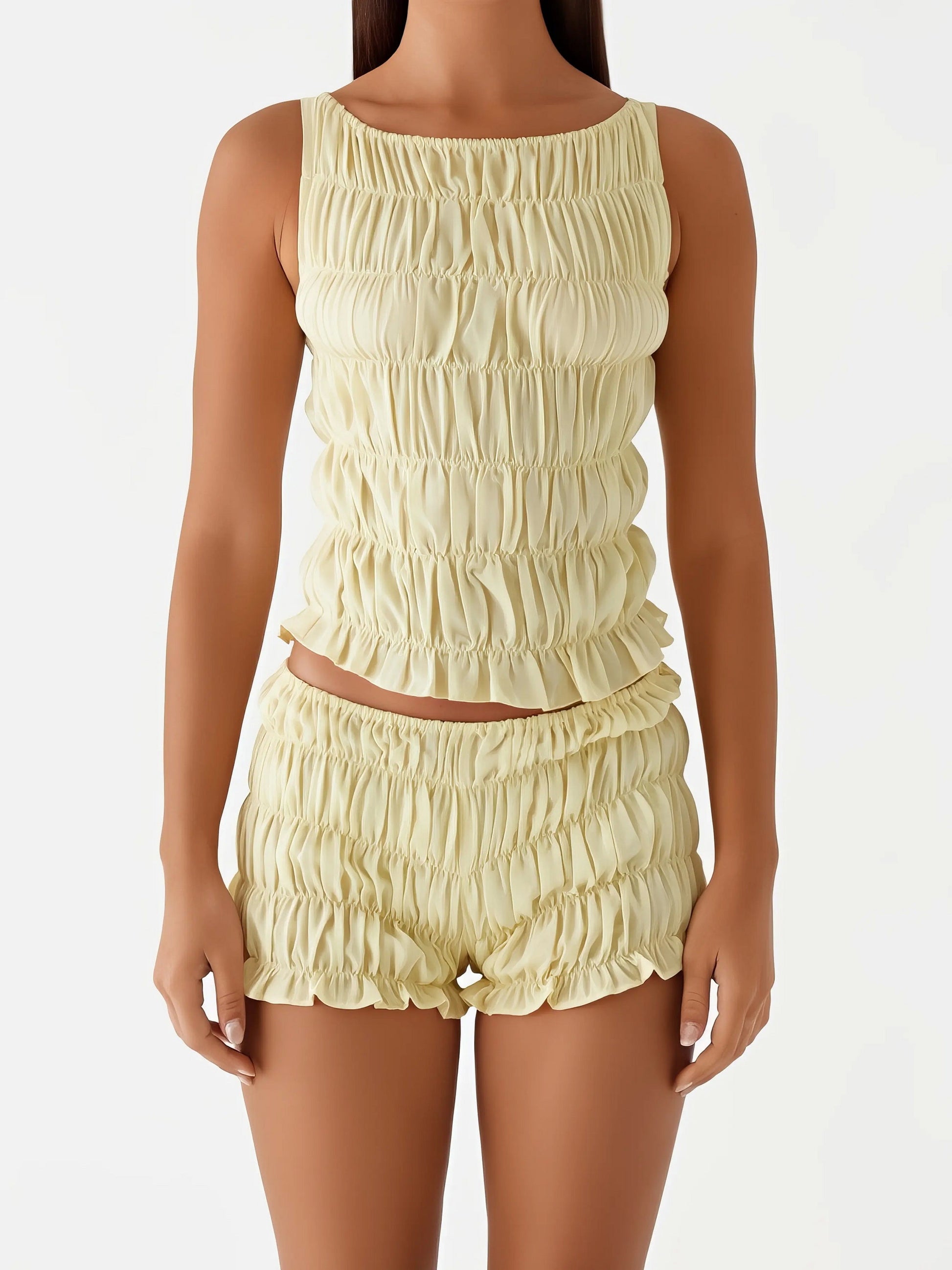 Ruched texture tank and shorts two-piece set, women's stylish two-piece outfit, comfortable ruched texture, smocked details, non-stretch polyester cotton blend, ideal for a unique and comfortable casual look